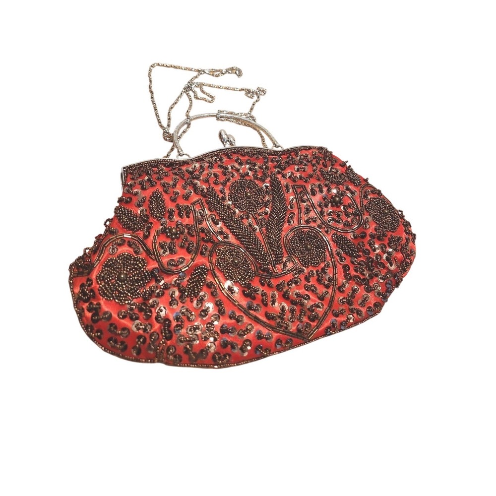 Vintage Red Beaded Evening Clutch Bag Floral Sequin Kiss Lock Formal Handbag